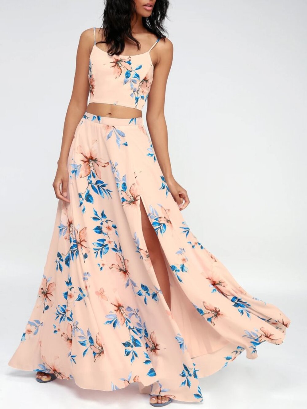 Barefoot at the Beach Light Peach Print Two-Piece Maxi EUC